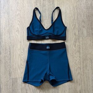 ALO Yoga Blue Sports Bra and Shorts Set